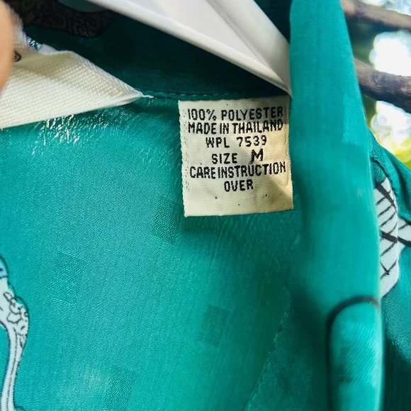 VINTAGE 80s Diane Von Furstenberg DVF Piano Player Art Deco Blouse Teal M - Picture 3 of 7